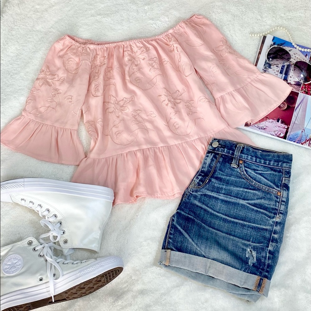 Dainty Cottagecore Pink Off the Shoulder Blouse